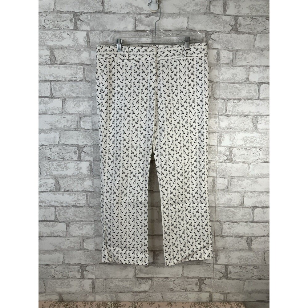 J Crew Pants Womens Size 8 City Fit Flat Front Pockets White W/ Navy Anchors EUC